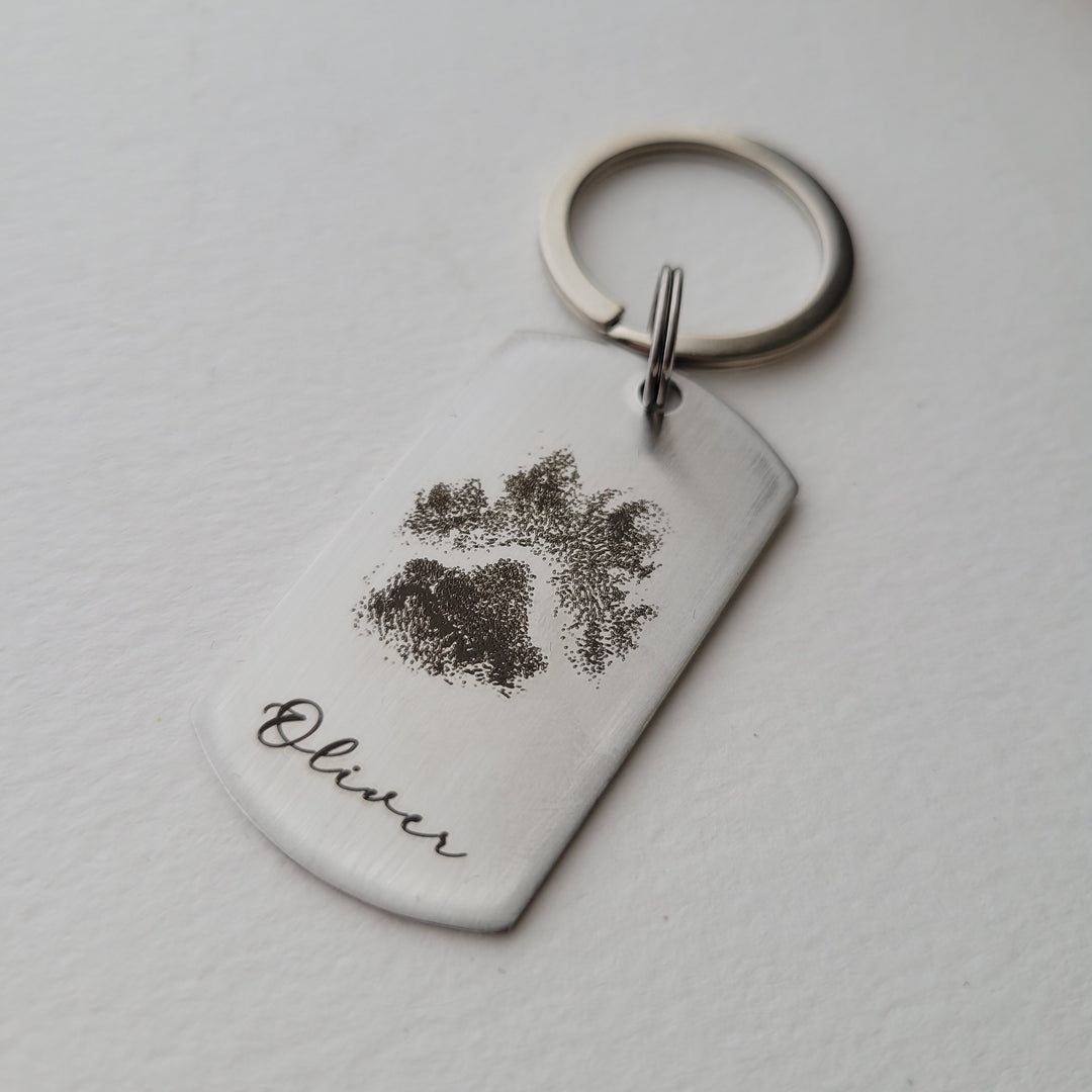 Stainless Steel Paw Print and Name Keychain