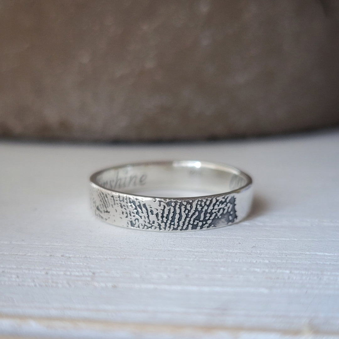 Sterling Silver  Engraved Fingerprint wedding Band Ring