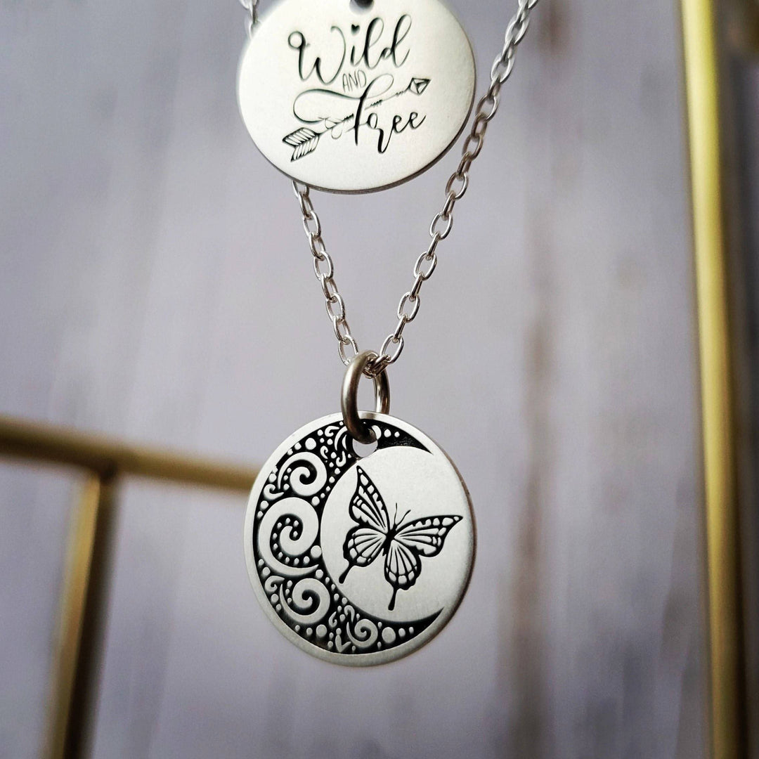 Sterling Silver .925 16MM pendants on a Chain, Butterfly and Tribal Moon Engraving