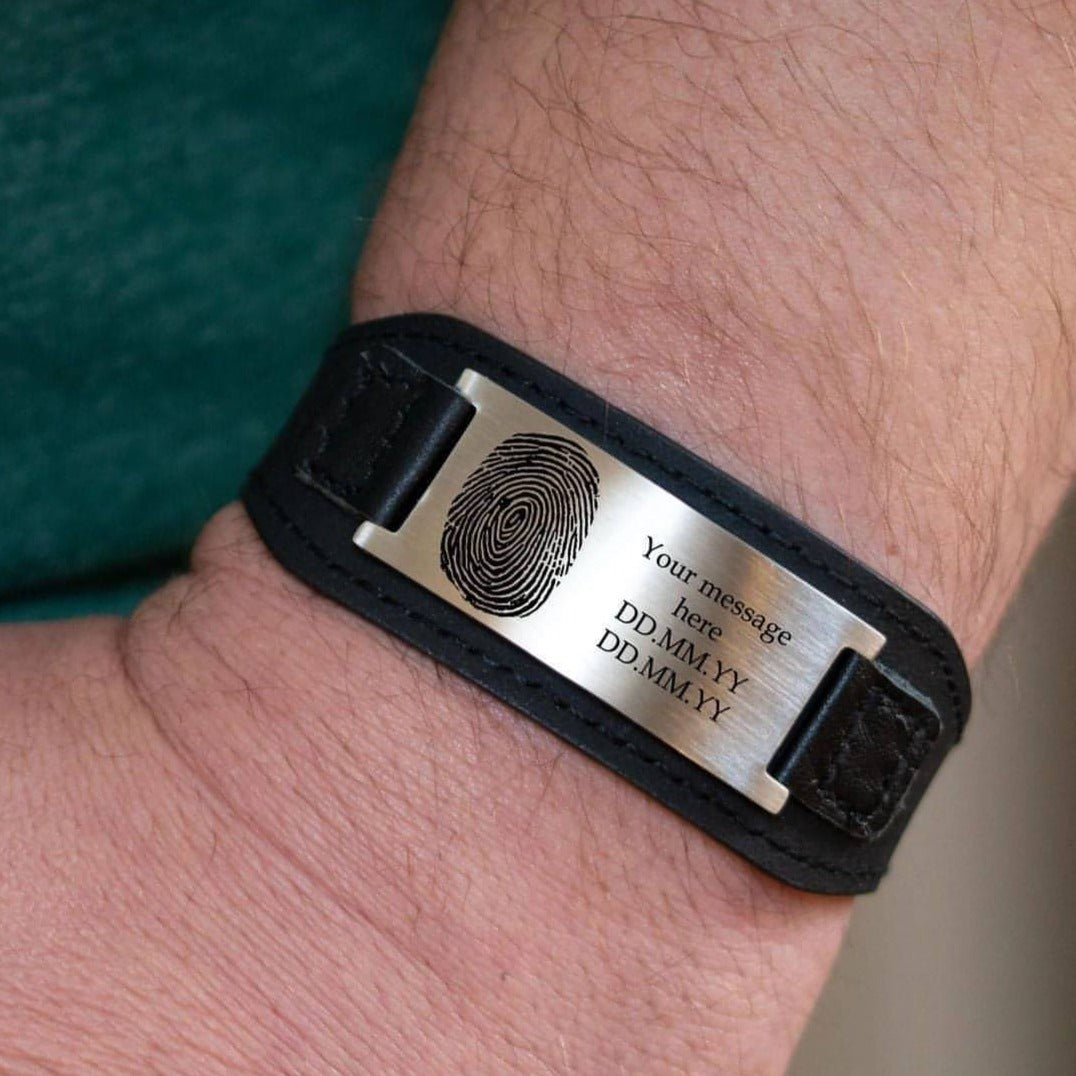 Men's Leather and steel bracelet engraved fingerprint memorial leather bracelet